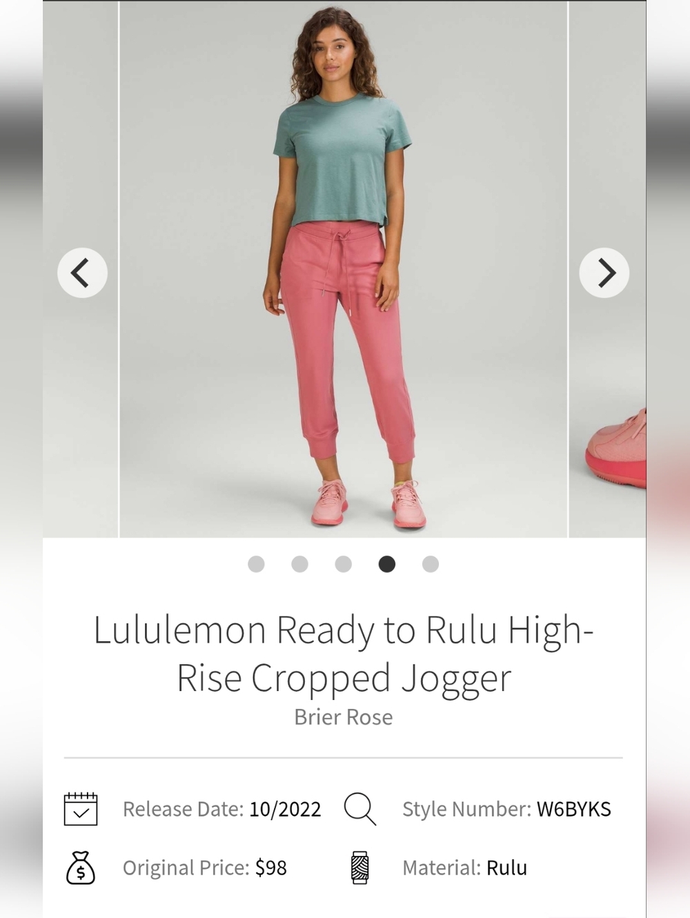 Lululemon Ready to Rulu High- Rise Cropped Jogger SZ 4 Brier Rose
